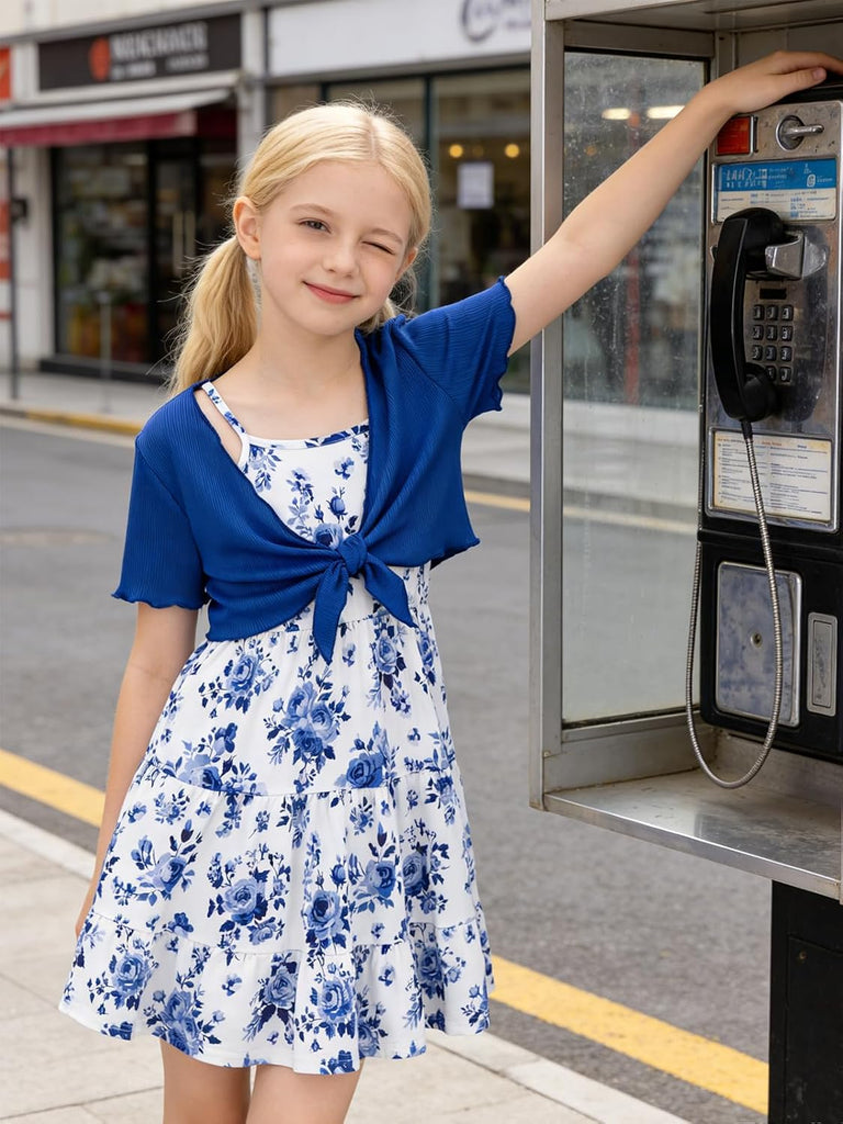 Girls Adjustable Strap Cami Dress with Cardigan 2 Piece Set
