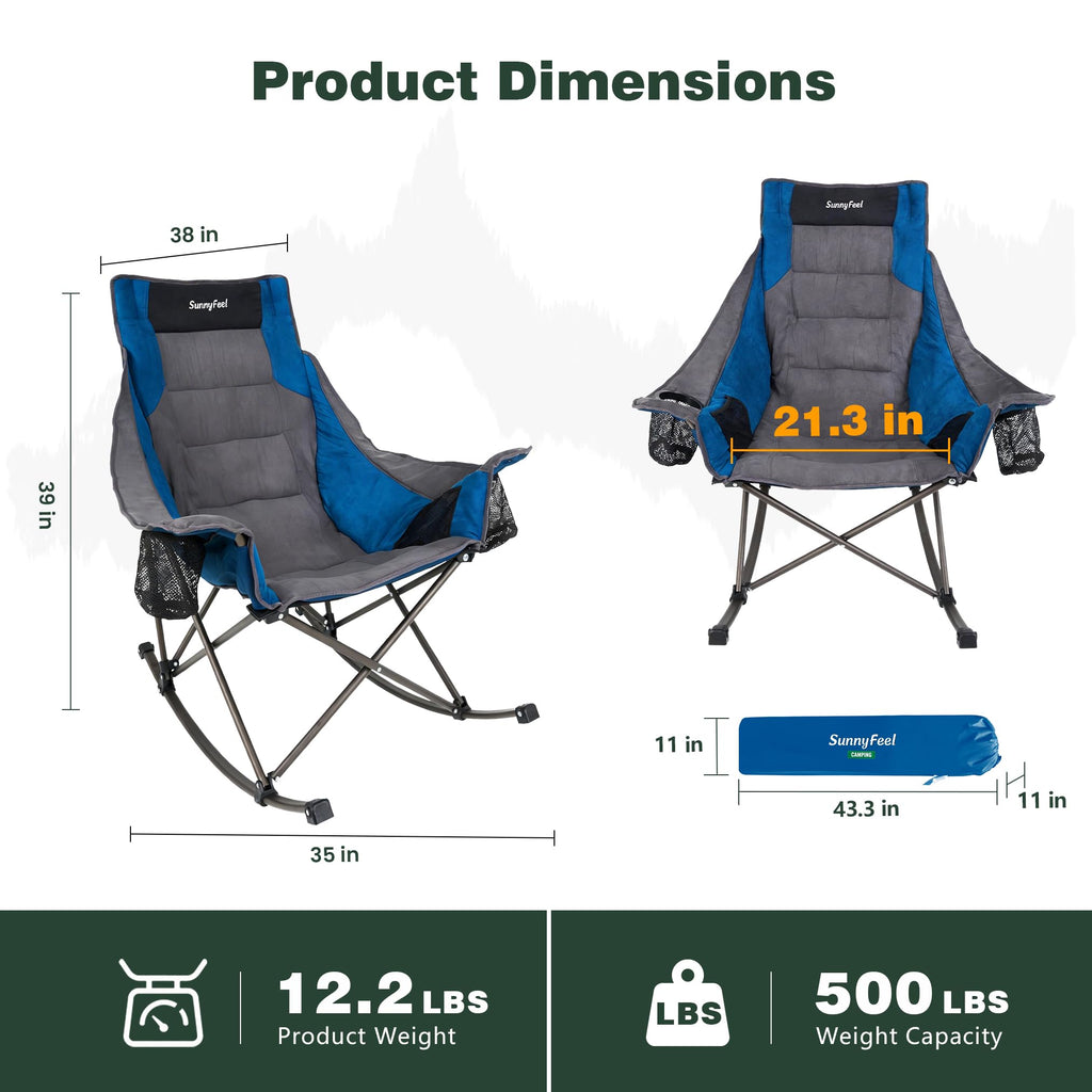 Rocking Camping Chair Fully Padded Patio Folding Chair Portable Oversized Outdoor Rocker High Back Lawn Recliner with