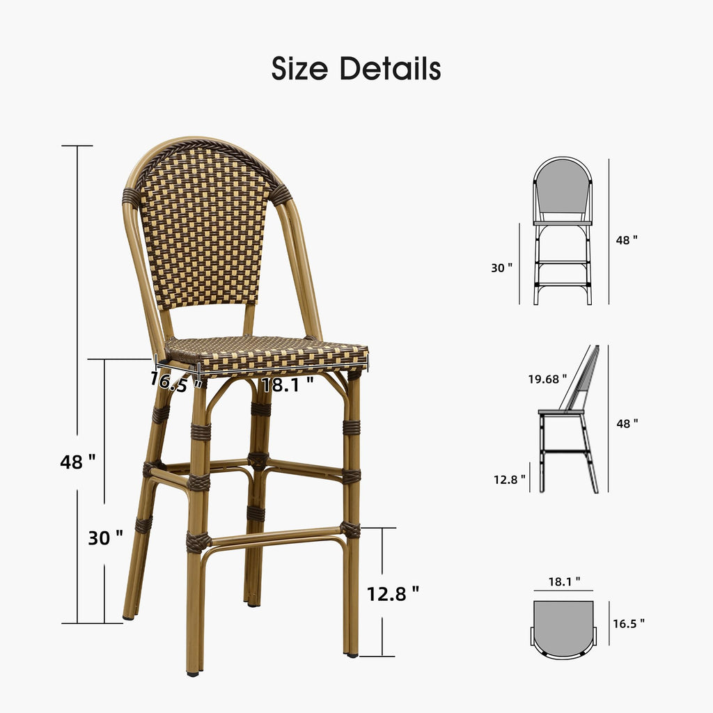 Bar Stools French Rattan 30" Set of 2 High-Back, Brown