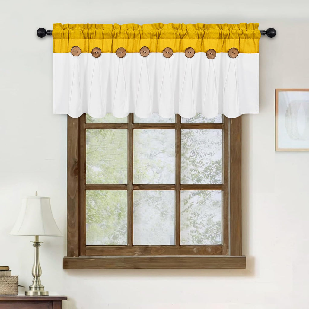 Farmhouse Valance Curtains, Boho Cotton Linen Kitchen Valance, Yellow Rustic Button Window Valances Bathroom, Rod
