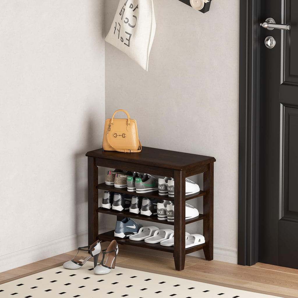 Shoe Bench with 3 Tier Adjustable Shelves Rubberwood Entryway 23.6''