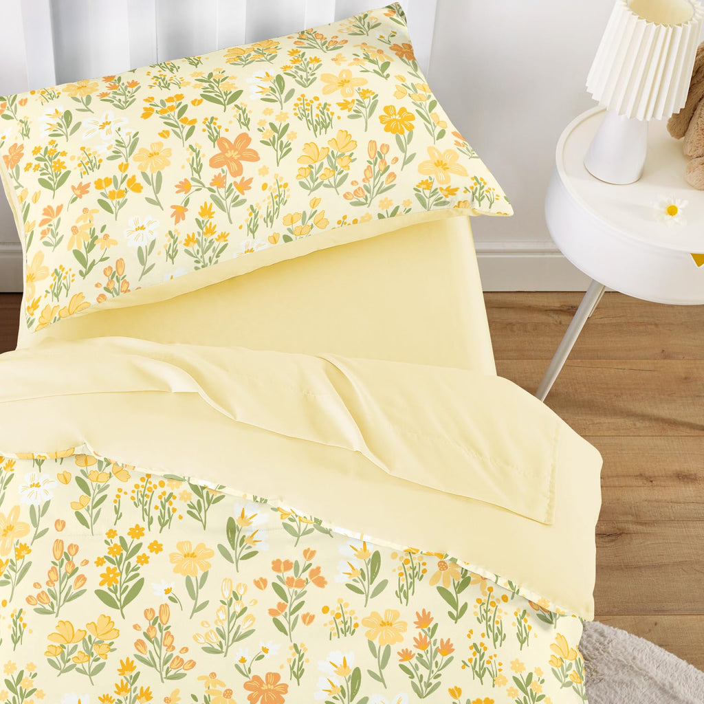 Floral Toddler Bedding Set for Girls, Cute Colorful Botanical Flowers, 4 Pieces Soft Crib Bed Set Including