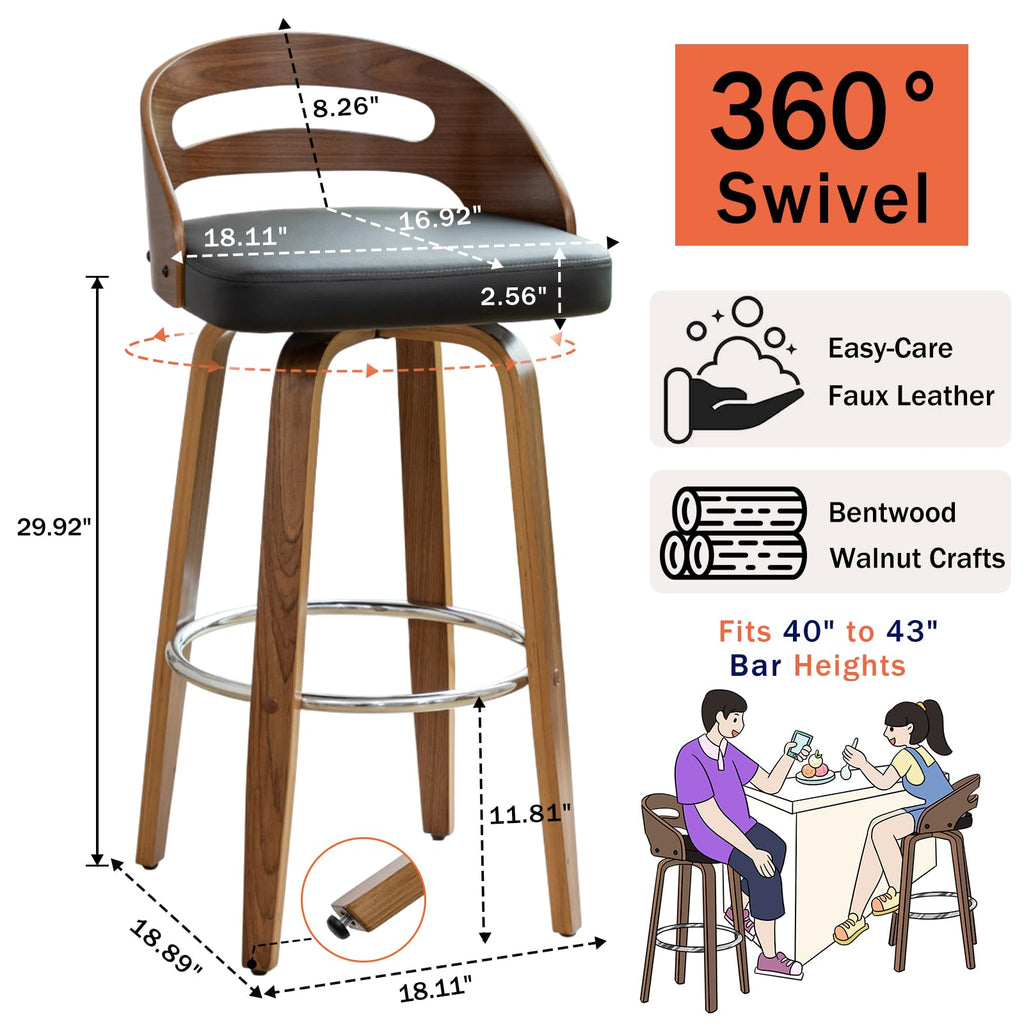 Bar Height Stools, Mid Century Swivel Bar Stools with Walnut Craftsmanship