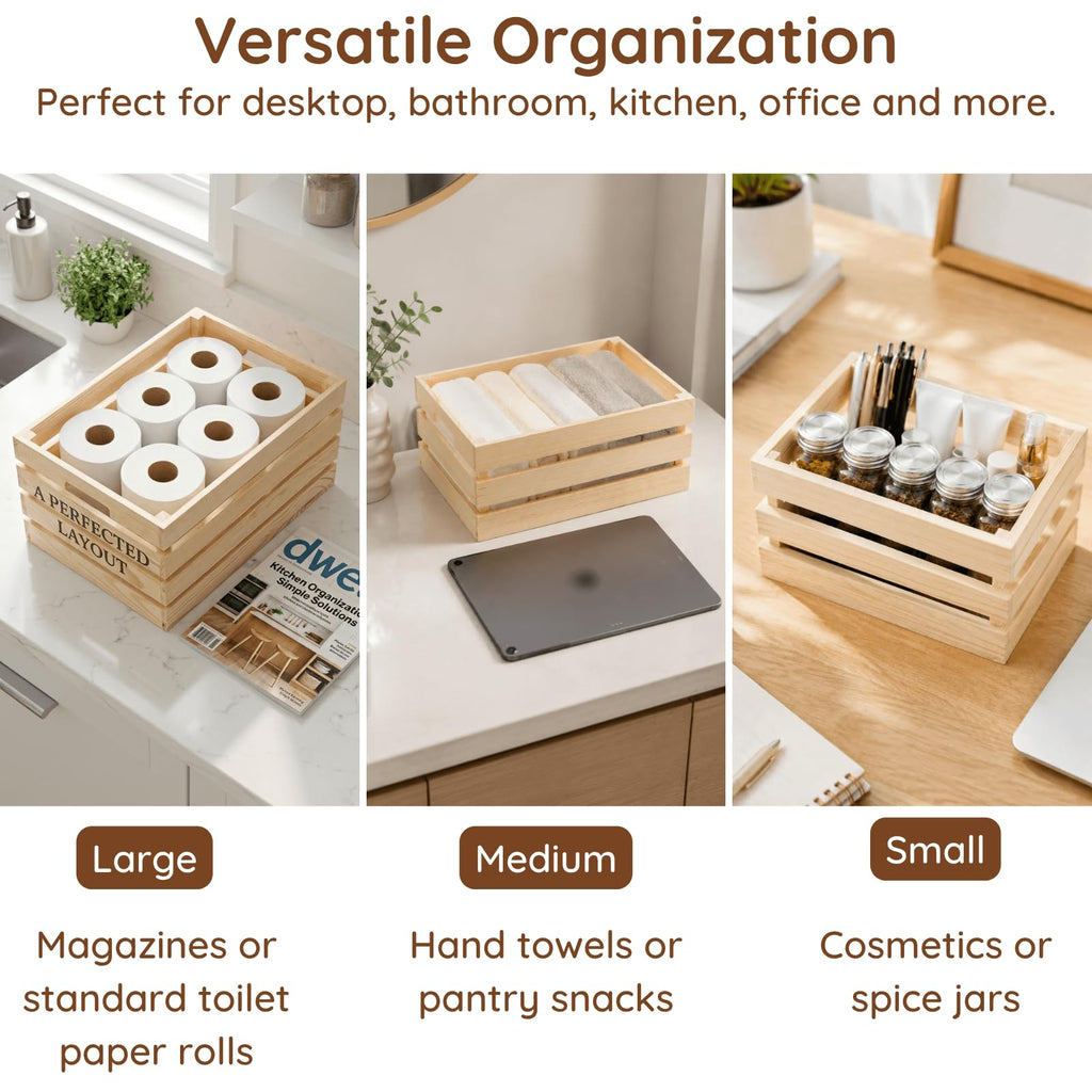 Set of 3 Small to Medium Rustic Wooden Nesting Crates with Handles, Decorative Tabletop Wooden Storage Box Counter