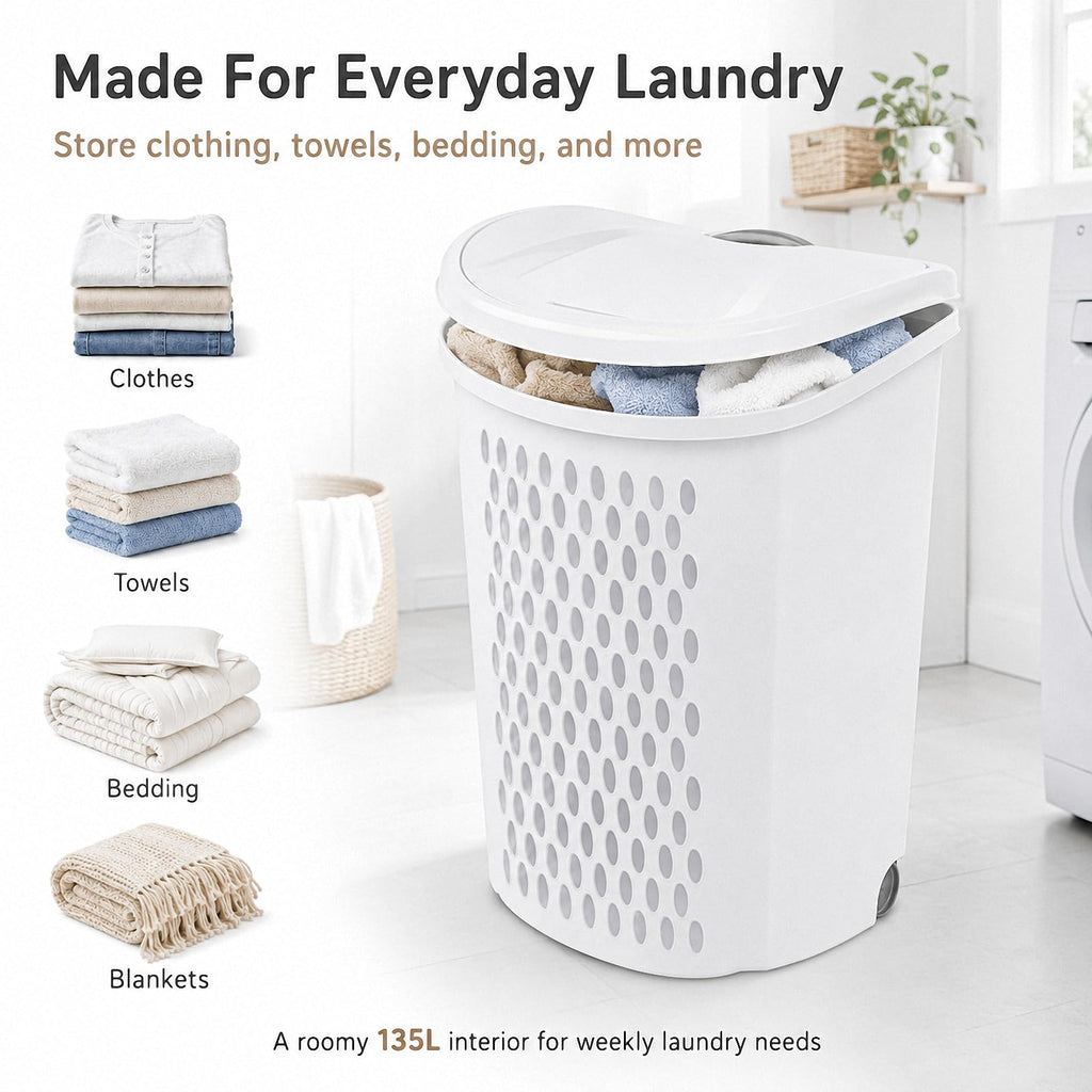 135L Wheeled Plastic Laundry Hamper, Ultra Wheeled Clothes Laundry Basket
