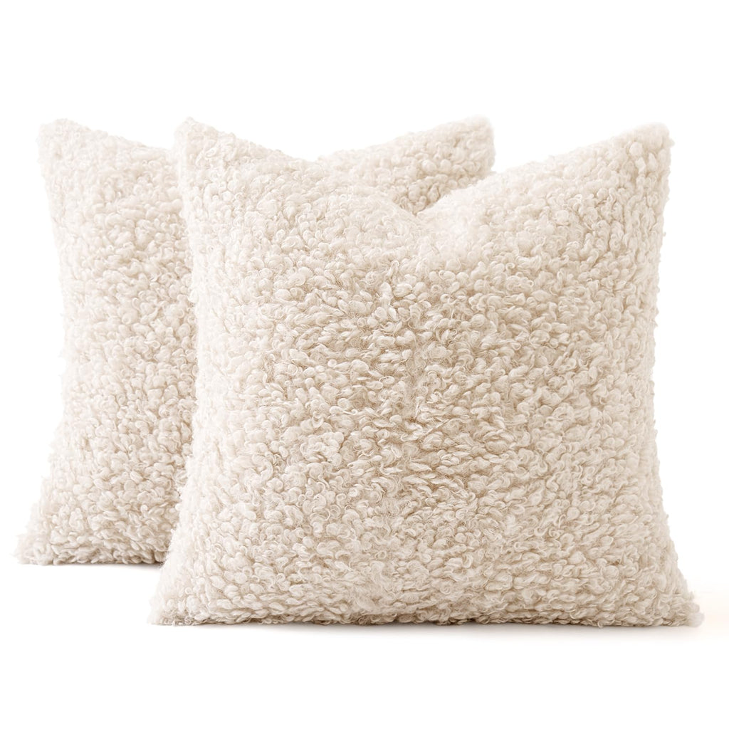 Decorative Faux Fur Pillow Covers Euro Sherpa 22x22 Neutral White