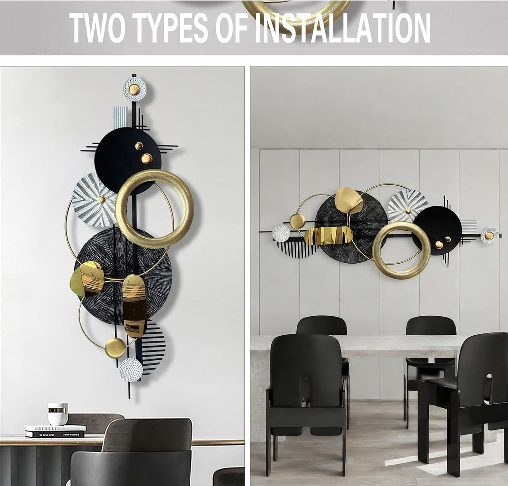 Modern Abstract Metal Wall Art, Gold Black and White Geometric Décor Art Wall Décor, Large 59×24 In 3D Textured Metal