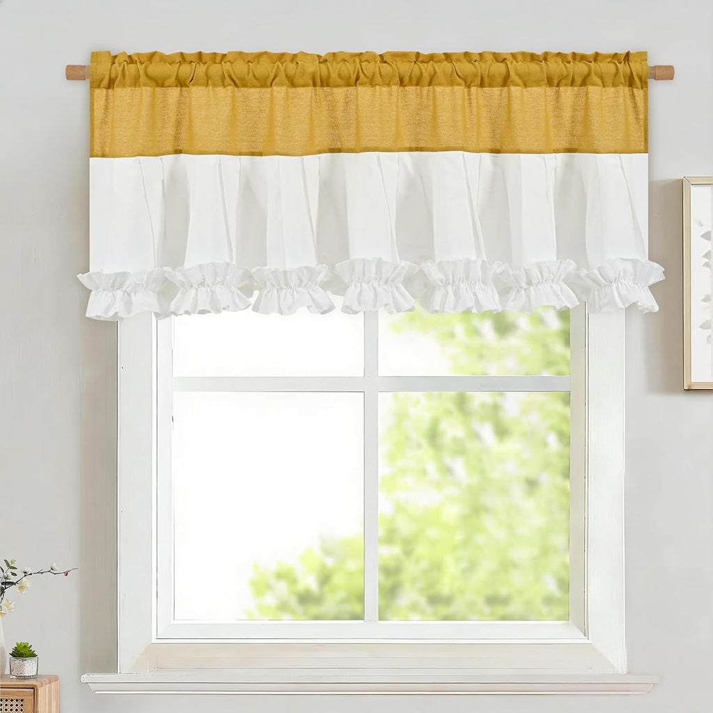 Yellow and White linen ruffle valance for windows - Casa Home Living