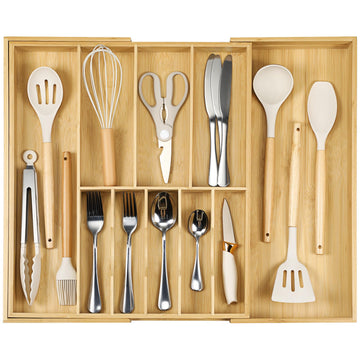 Silverware Organizer for Cabinet Drawer, Expandable from 16.7'' to 30'' Wide Bamboo Wood Flatware Tray for Large