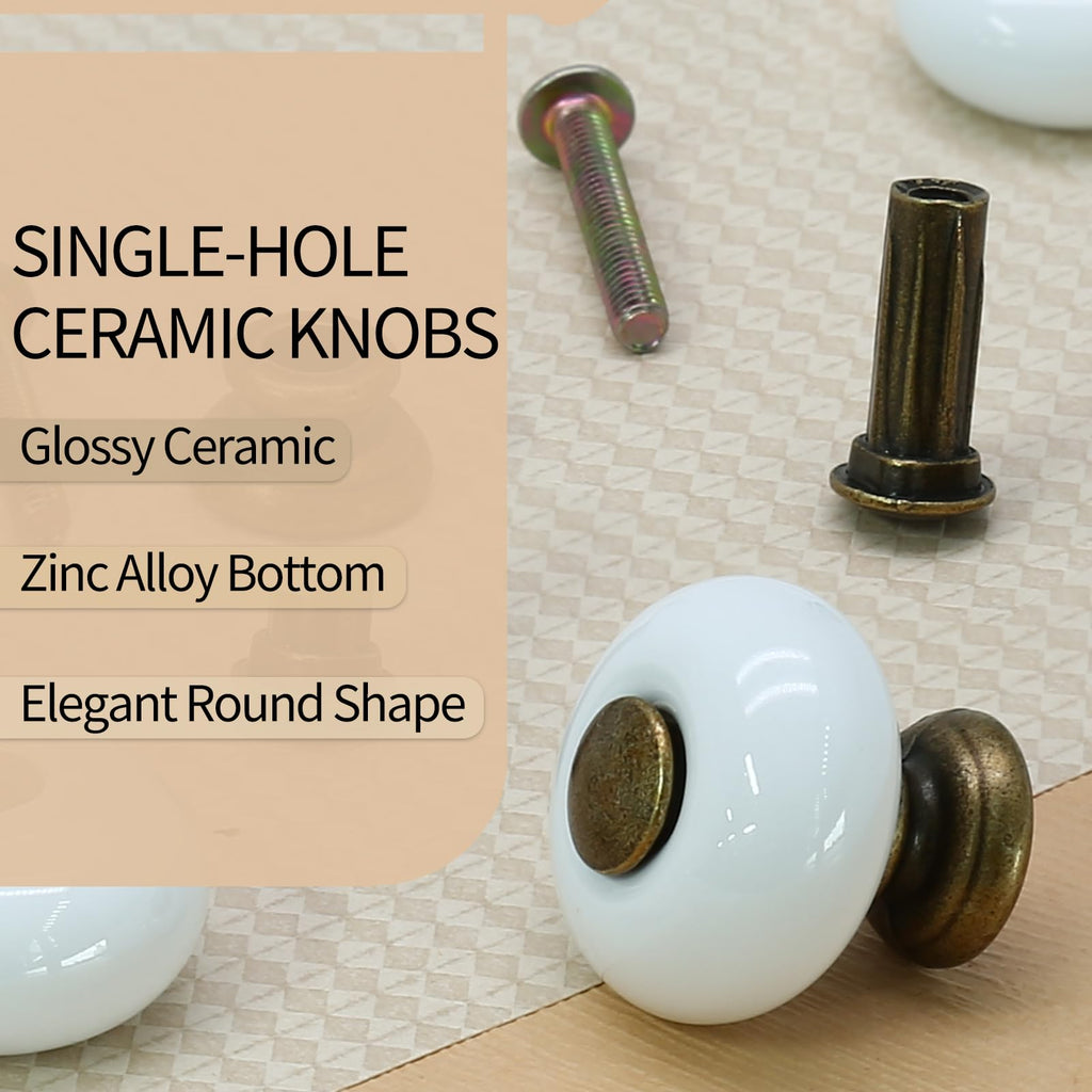 6pcs White Ceramic Cabinet Knobs, Small Round Drawer Knobs