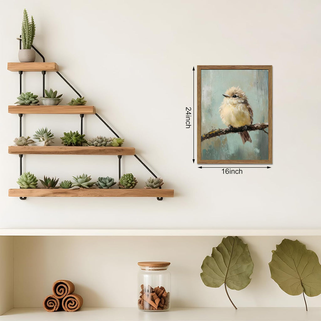 Vintage Framed Bird Wall Art, Rustic Sparrow on Branch Canvas Wall Decor Painting, Cute Bird Animal Artwork Poster