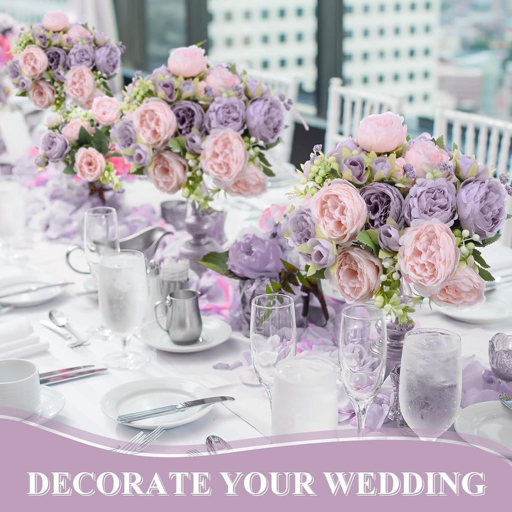 Bundles Artificial Peony Centerpiece Flowers,Pink, Purple - Set of 8