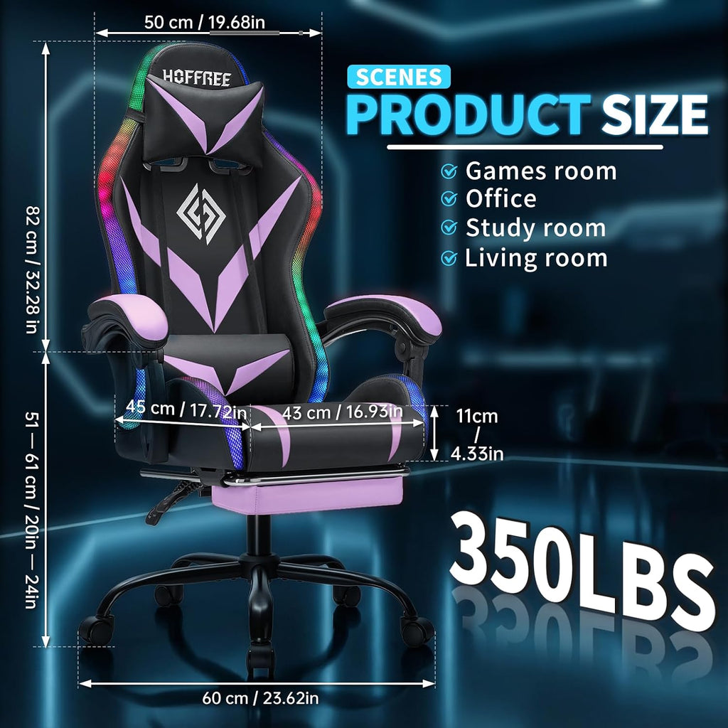 Gaming Chair with Bluetooth Speakers RGB LED Lights Computer Chair-Purple | Ergonomic Massage Game Chair with