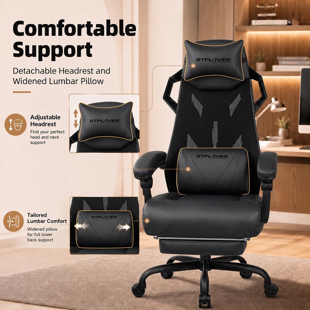 Gaming Chair, Computer Chair with Mesh Back, Ergonomic Gaming Chair with Footrest, Reclining Gamer Chair with