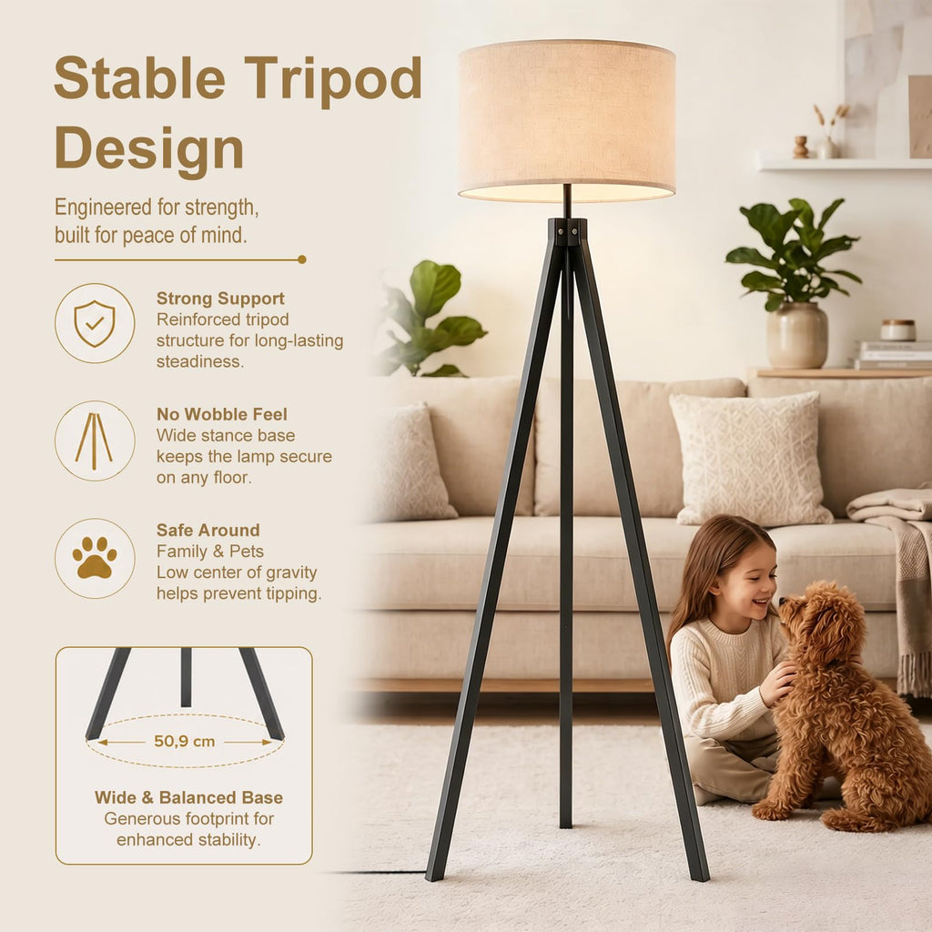 Wood Tripod Floor Lamp - Mid Century Standing Lamp with LED Dimmable
