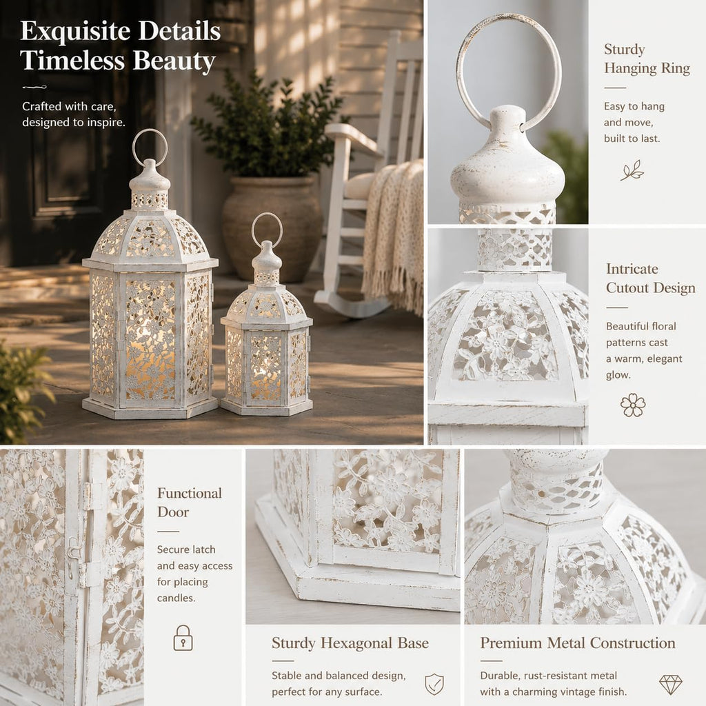 Lanterns Decorative Outdoor&Indoor, Set of 2 (15"&7") White Metal Lantern Decor, Candle Holder for Porch, Patio