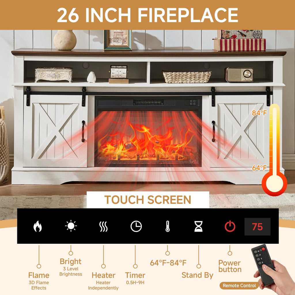 66 Inch Electric Fireplace TV Stand, White Farmhouse Media Console with Sliding Barn Doors, Entertainment Center with