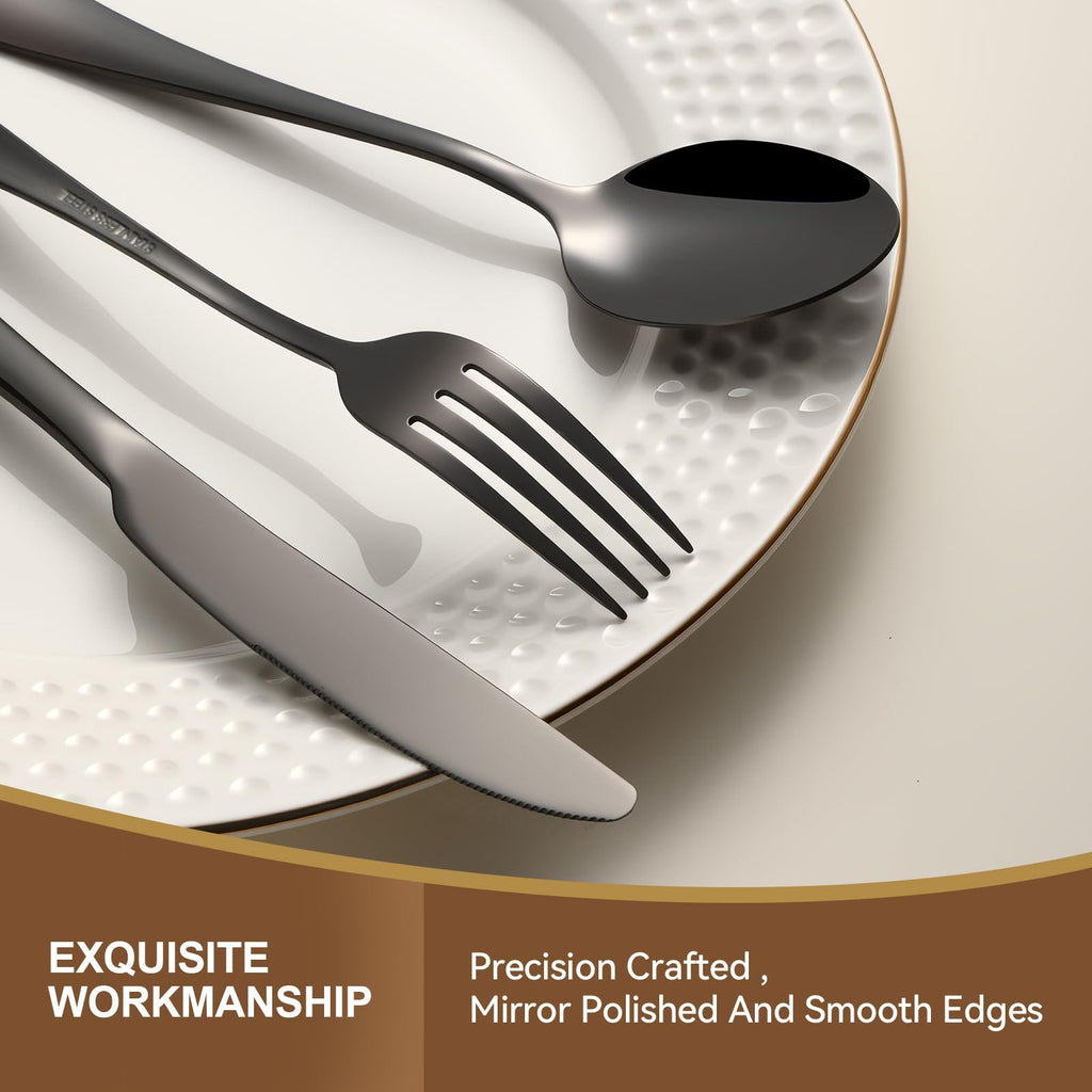 Black Silverware Set, 30 Piece Flatware Cutlery Set for 6, 18/0 Stainless Steel Silverware, Mirror Polished Cutlery