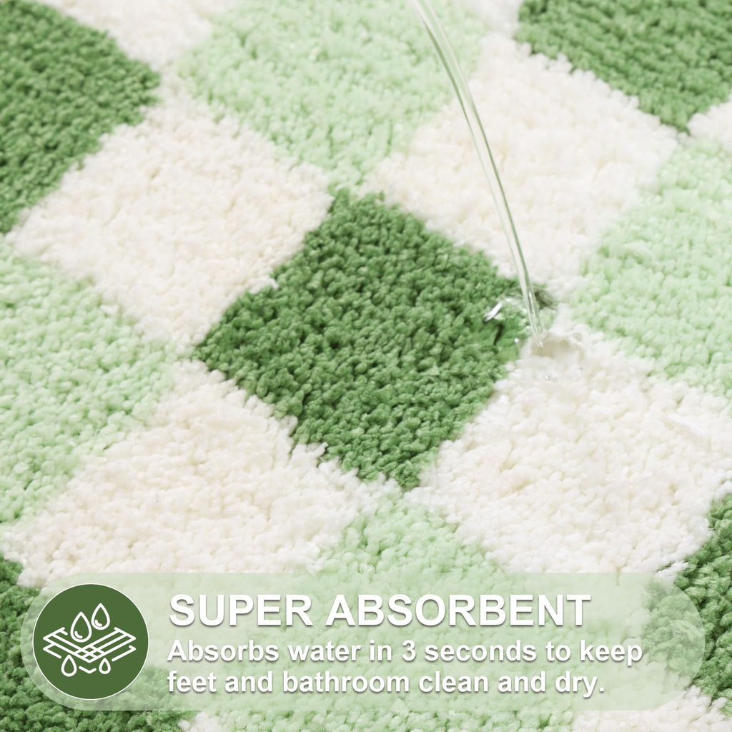 Cute Green Checkered Scalloped Bath Mat, Fun Plush Microfiber Bathroom Rugs Non Slip Washable Quick Dry Absorbent