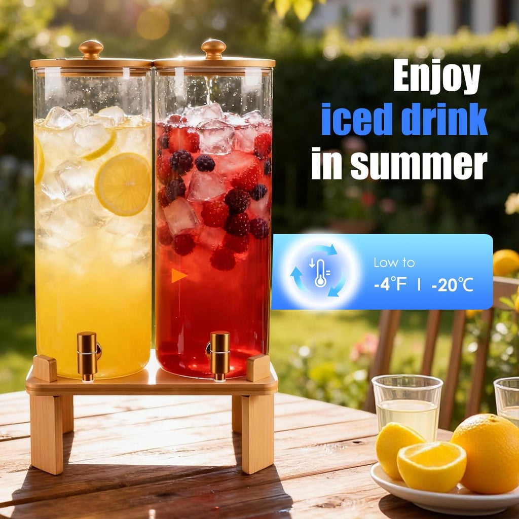 Gallon 2 Pack large Glass Drink dispenser for parties,Beverage Dispenser With Wood Stand,Water Dispensers - Set of 2