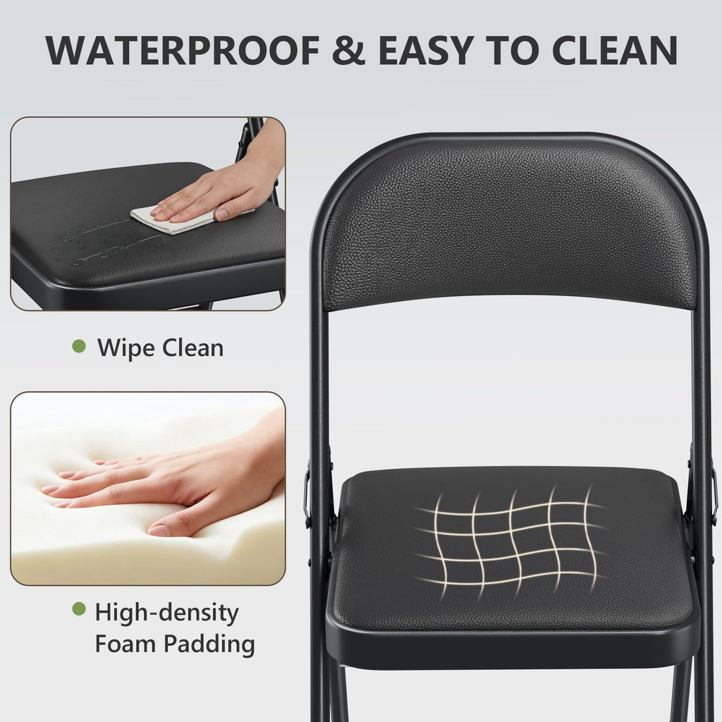 Padded Folding Chairs 6 Pack, PU Leather Folding Chairs for Outside and Indoor, Heavy Duty Portable Foldable Metal