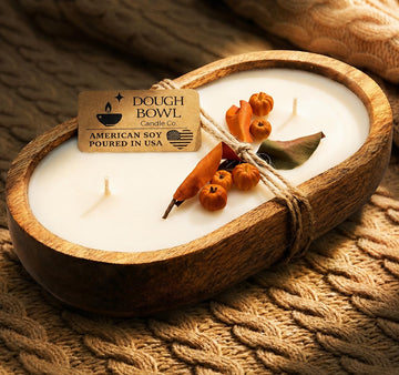 Bowl Candle Co. Pumpkin Spice Soy Candle - 3 Wick Rustic Farmhouse Coffee Table Decor, Odor Eliminator in Wooden