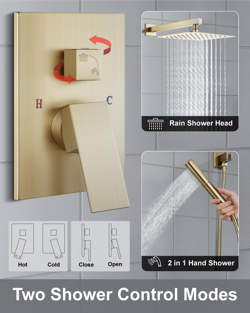 Shower System with Rain Head and Handheld,12-Inch,Brushed Gold