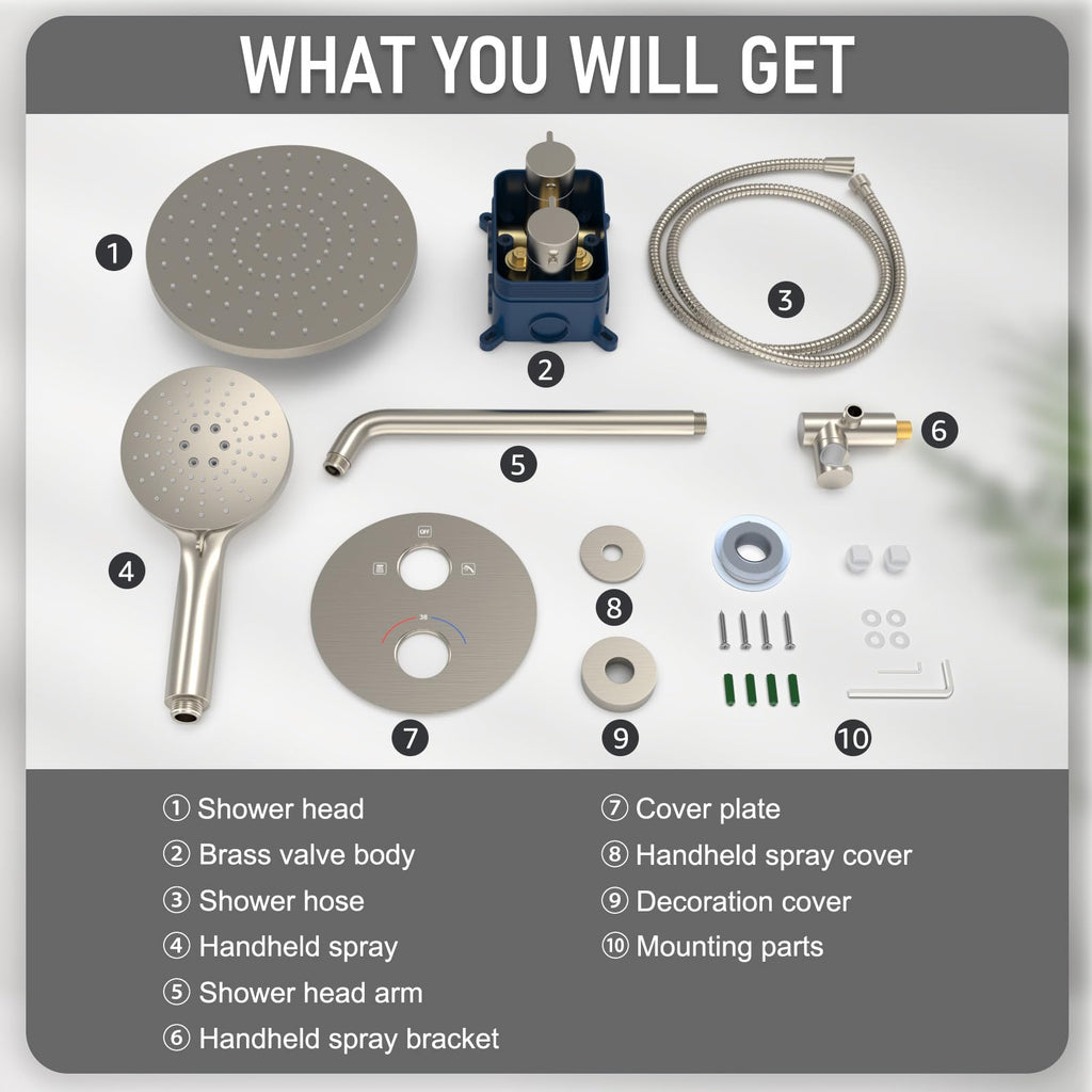 Thermostatic Shower System Wall Mount with 10 Inch Roud Rainfall Shower Head and Handheld,Shower Faucet Mixer Trim
