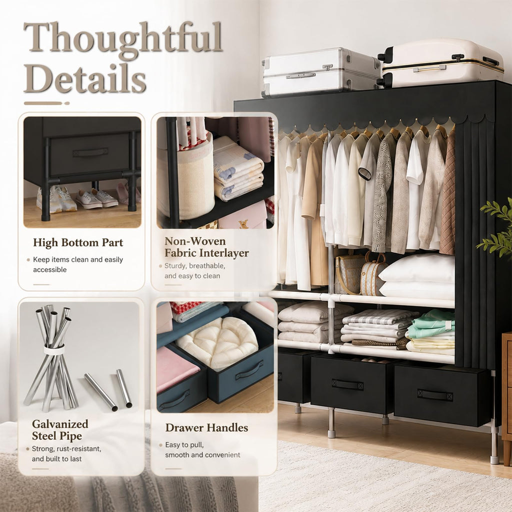 Portable Closet with Drawers 55" Wardrobe Closet Black