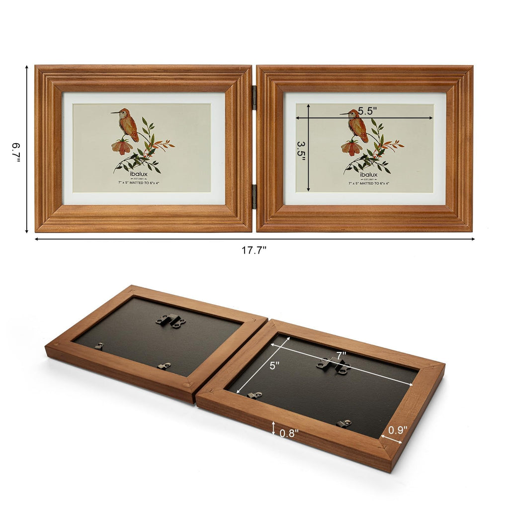 5x7 Double Hinged Picture Frame, 2 Folding Photo Frame, Walnut-colored Pine Wood with Real Glass, Display Pictures