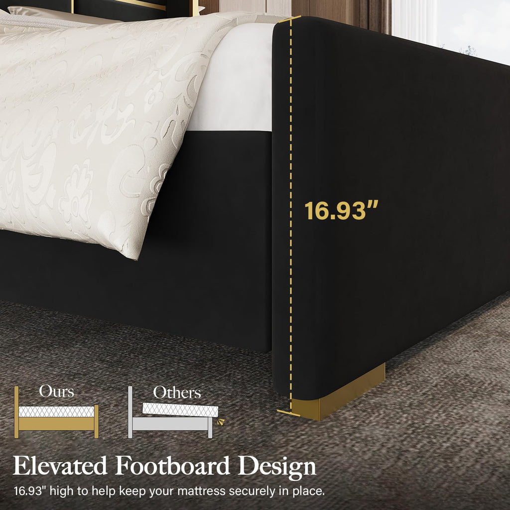 King Bed Frame and Gold Trim Headboard, Upholstered Bed, Black