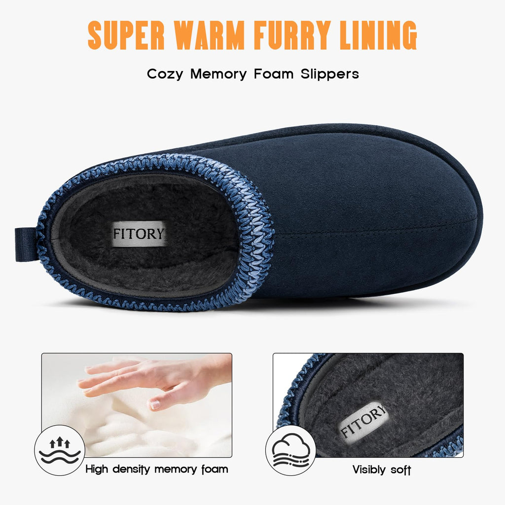 Mens Slippers Genuine Leather Winter Comfy Memory Foam, Navy 7