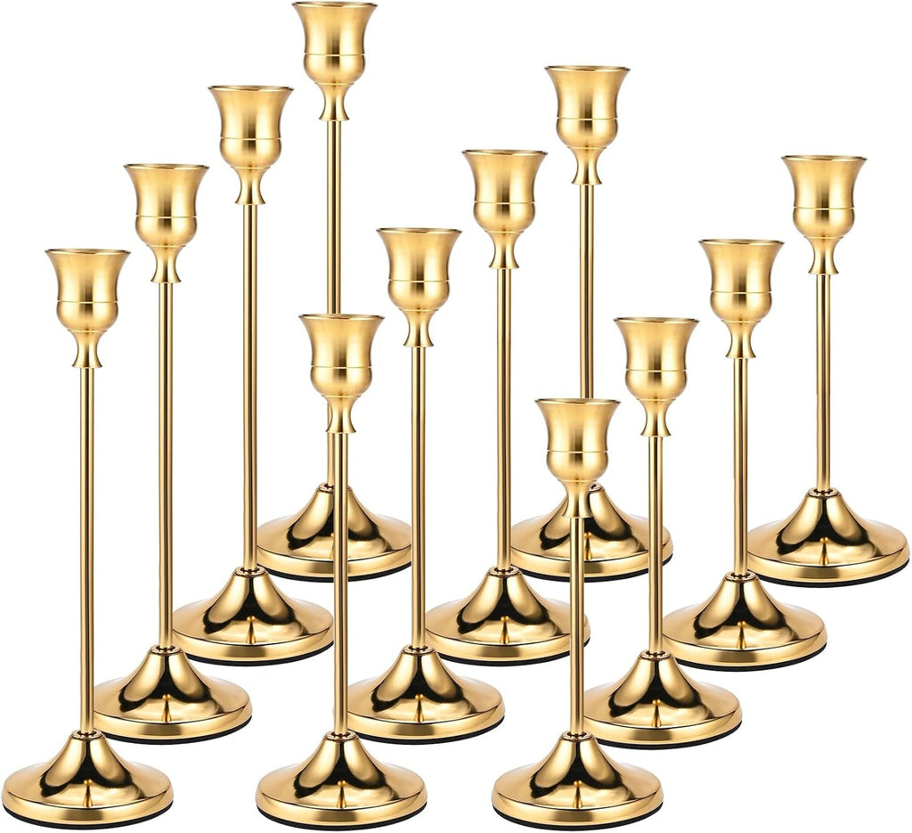 Brass Gold Candle Holders Set of 12, Metal Taper Candlestick Holders in 3 Heights - Vintage Candle Stick Holder Brass