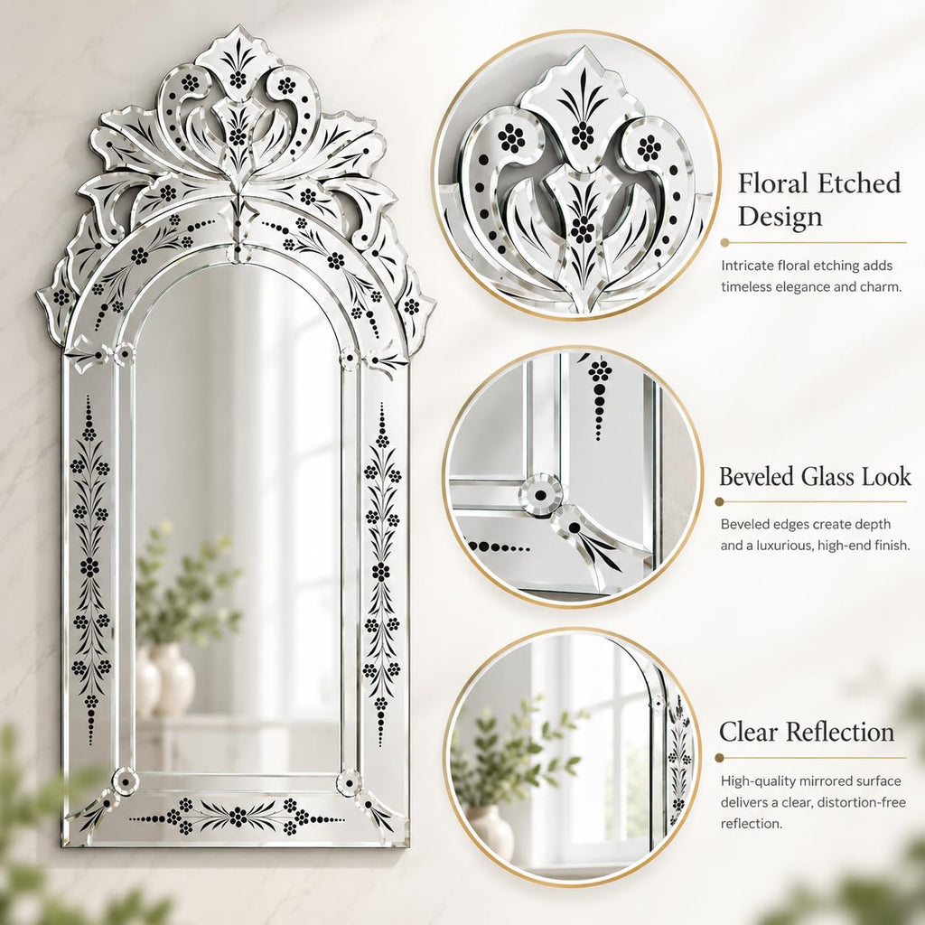 40" x 21" Arched Decorative Mirror Floral Etched Bathroom Vanity Mirror for Wall