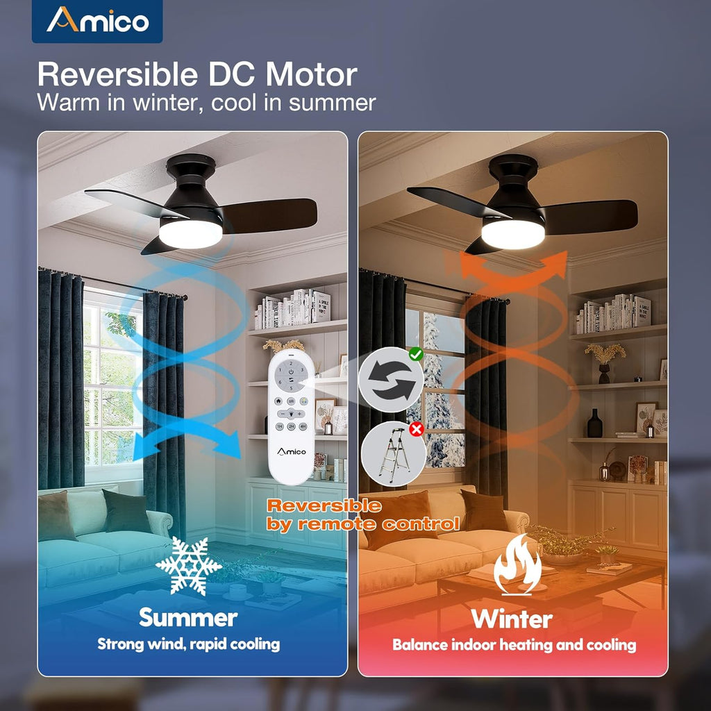 Ceiling Fans with Lights, 30 inch Low Profile Ceiling Fan with Light and Remote Control, Flush Mount, Reversible, 3CCT, Dimmable, Noiseless, Black Ceiling Fan for Bedroom, Indoor/Outdoor Use A102-B0C61K8BCF