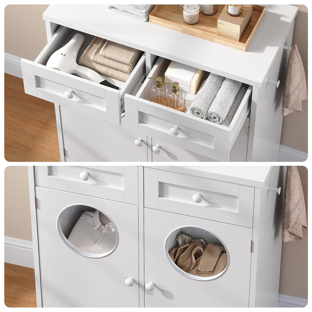 Double Laundry Hamper Cabinet, Hidden Laundry Cabinet with 2 Drawers & 2 Baskets, 20 Gallon Farmhouse Bathroom