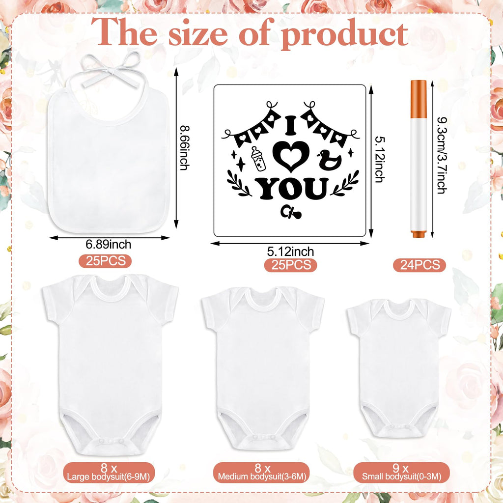 100 Pcs White Baby Bodysuits Bibs Kit 25 Guests, Floral