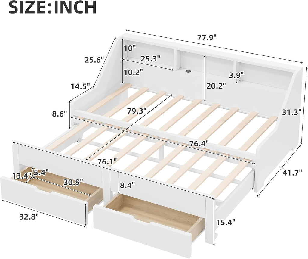 Wood Twin to King Daybed, Twin Size Day Bed with Pop Up Trundle & Storage Drawers, Modern Corner Bed Frame with