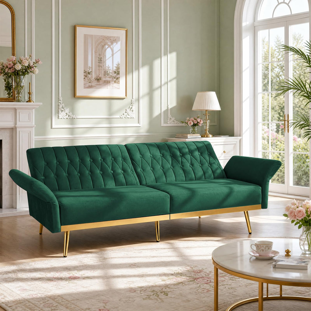 70" Futon Sofa Bed w/Adjustable Armrests, Green