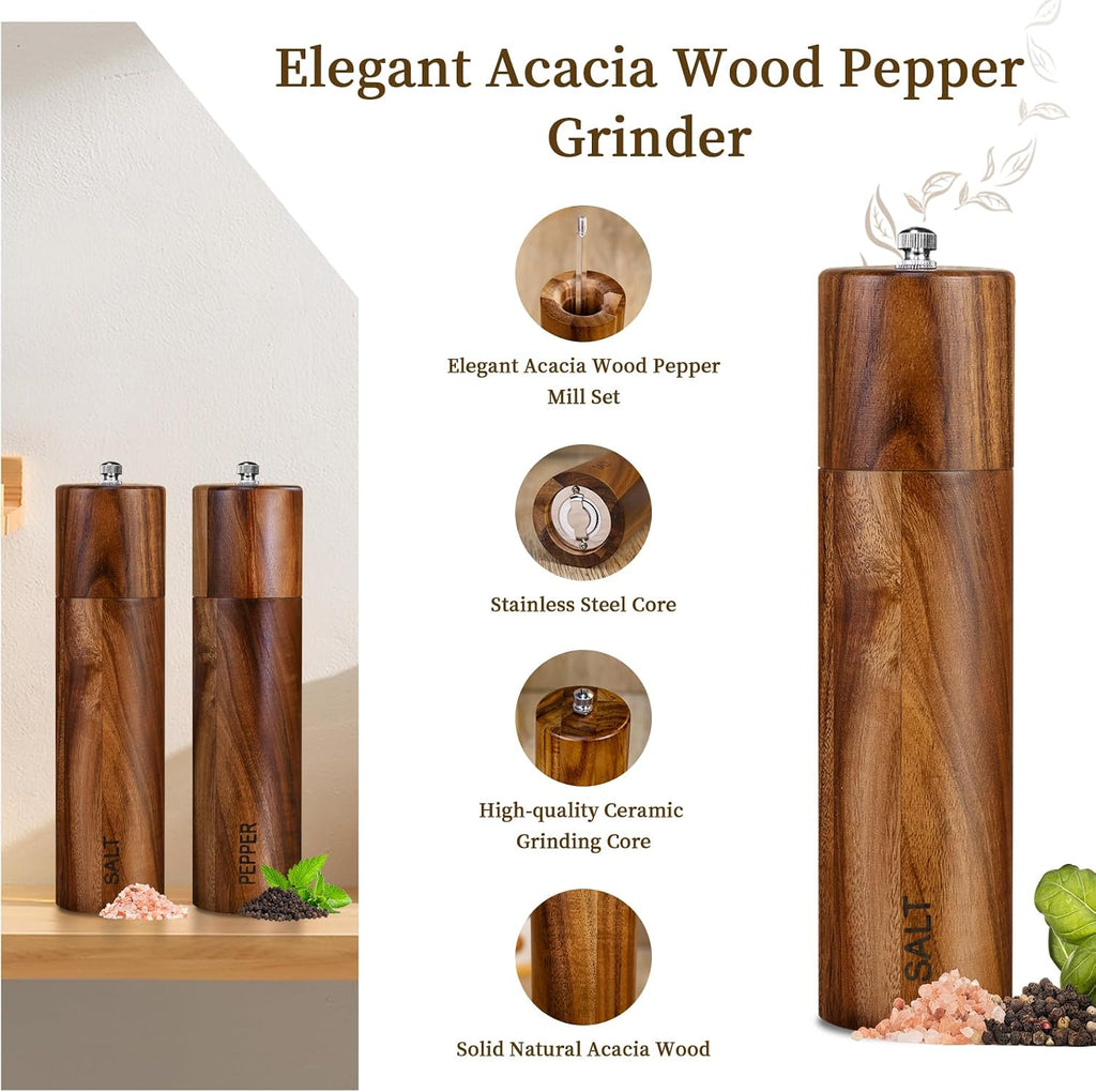 Acacia Wooden Salt and Pepper Grinder Set 8 Inches Refillable - Set of 2