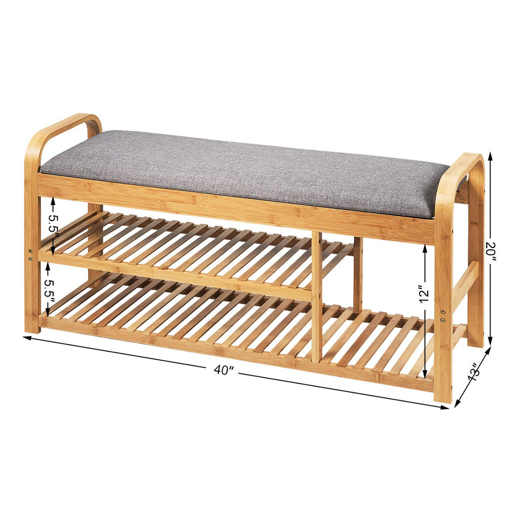 Bamboo Shoe Bench, 3-Tier Entryway Bench with Cushion, Max Load 330 LBS, Modern Stool Storage Shelf Living Room Hallway
