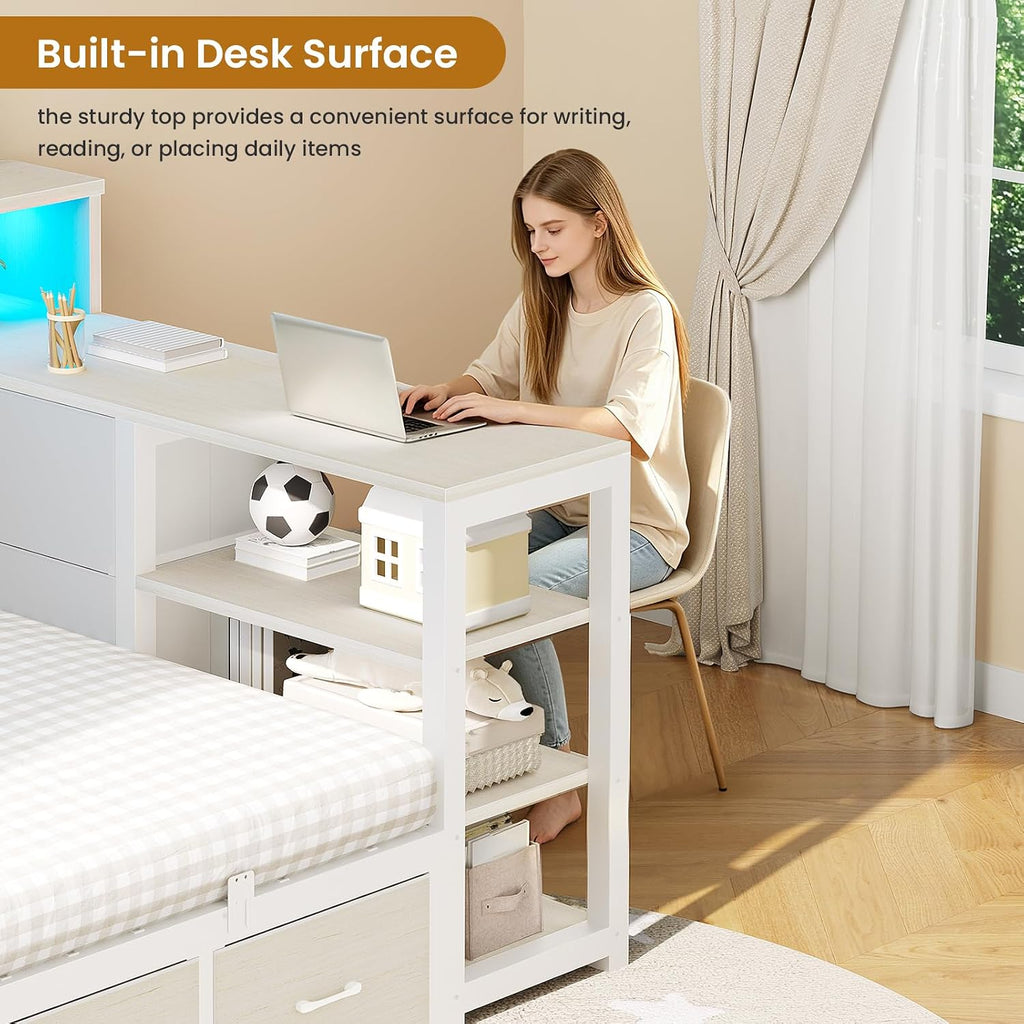 Corner Bed Frame with Desk, Bookcase Headboard, Storage Shelves & 7 Drawers, Farmhouse Twin Size Wood Platform Bed