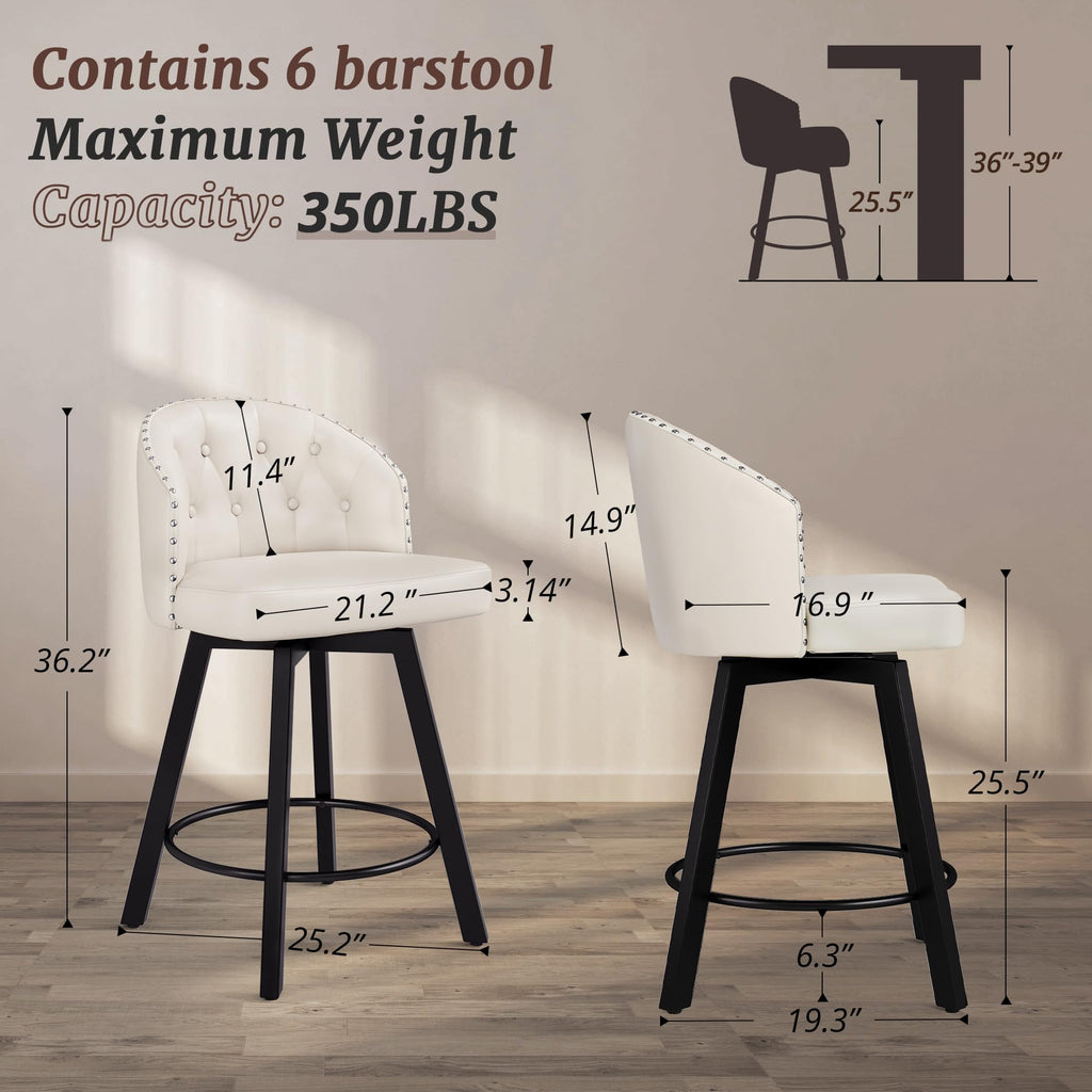 Counter Height Bar Stools Set of 6, 26" Swivel Faux Leather Upholstered Bar Stools with Backs and Metal Legs, Retro
