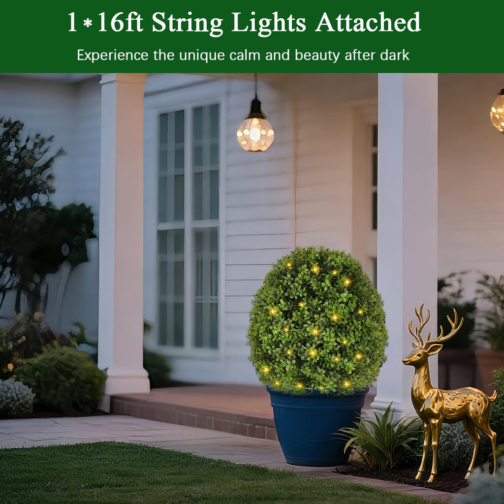 Artificial Boxwood Topiary Trees for Outdoor with LED String Lights, 1 Pack