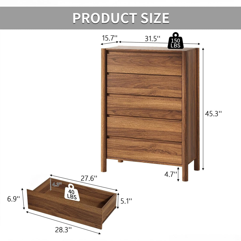 45" Tall Walnut 5 Drawer Dresser with Solid Wood Legs