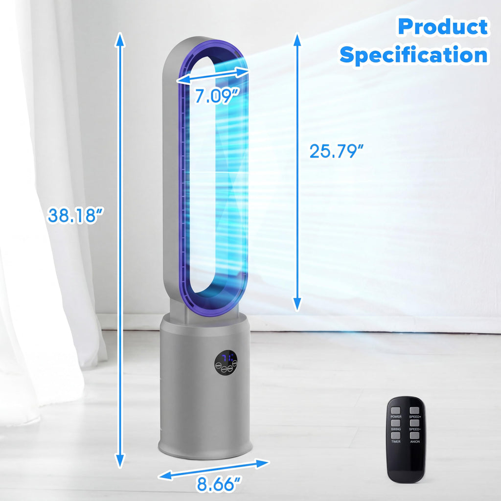 38" Bladeless Tower Fan , Quiet Standing Floor Fans