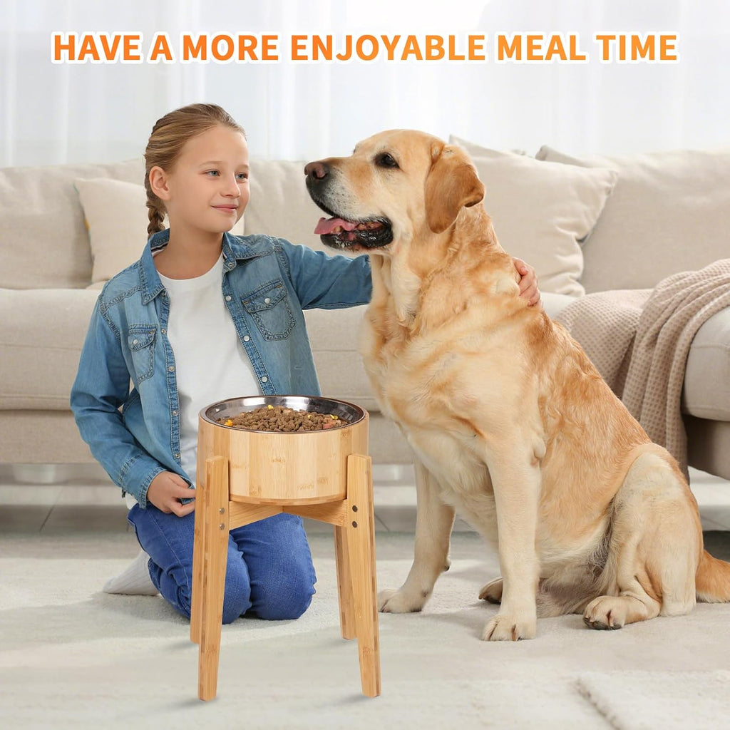 Elevated Dog Bowls for Large Dogs Feeder Two Bowls with a Stainless Steel and Bamboo Dishes, Raised Dog Bowl Stand
