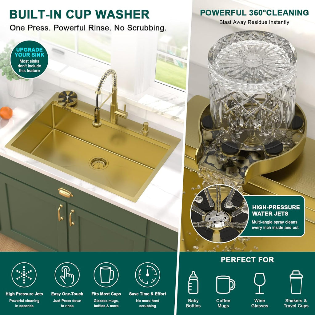 30x22 Gold Drop Sink with Faucet, Workstation 16 Gauge T-304 Stainless Steel Single Bowl Topmount Kitchen Sinks with