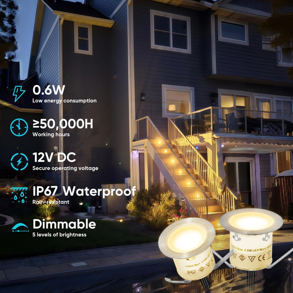 20 Pack Dimmable Recessed Deck Stair Lighting All-in-one with Timer Photocell Sensor Transformer Low Voltage LED Step