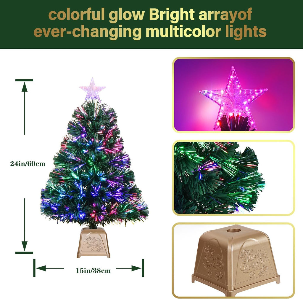 24inch Green Fiber Optic Christmas Tree,Pre-Lit Artificial Mini Christmas Tree, Tabletop Small Xmas Tree with Stars